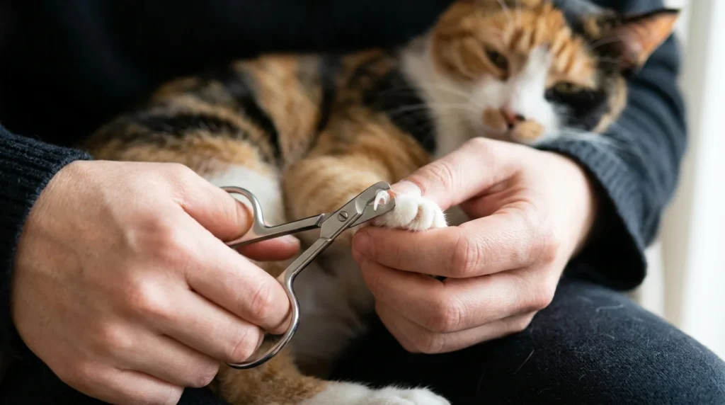 Trimming the sharp tip of a cat claw using cat specific clippers