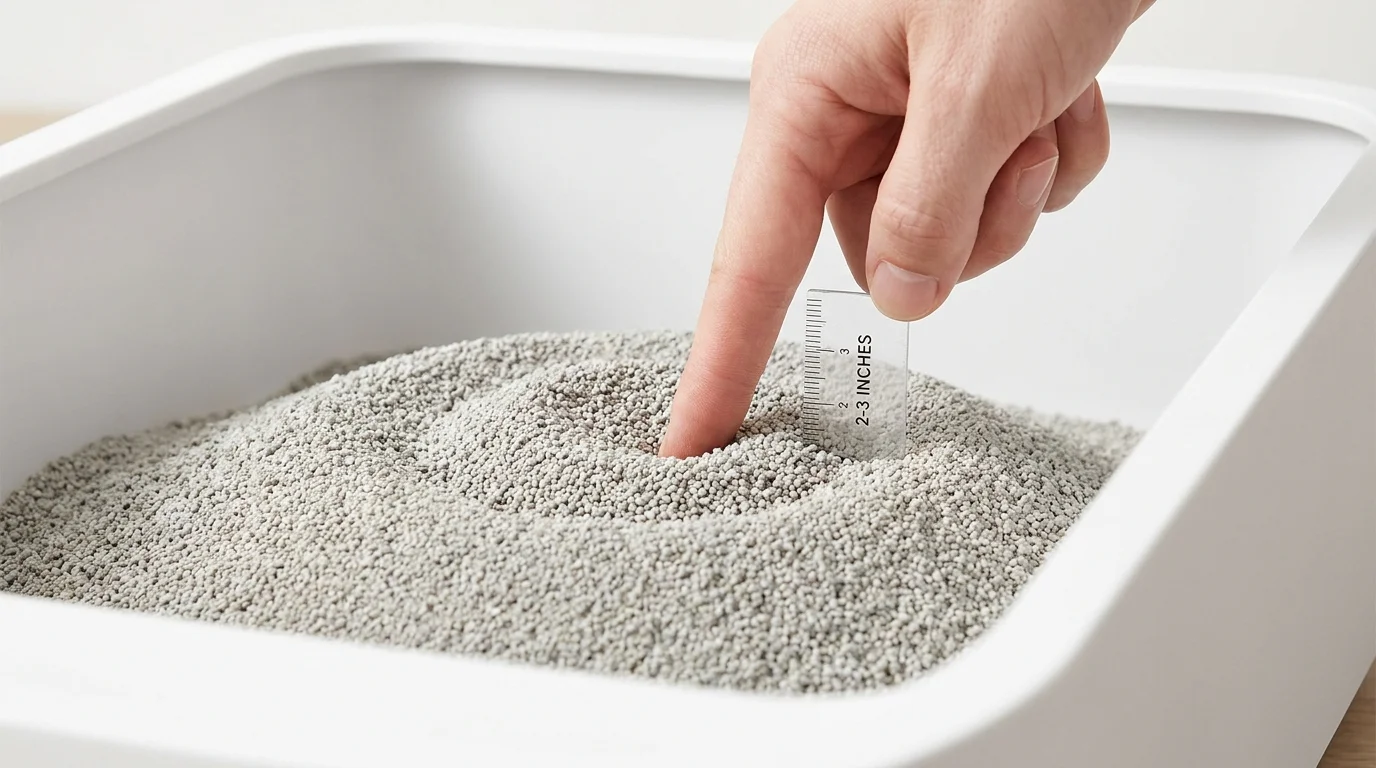 Checking cat litter depth with clean finger knuckle test