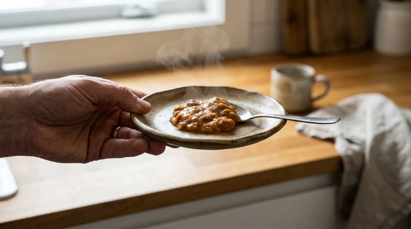 Spreading cat food across a flat ceramic plate to prevent bolting