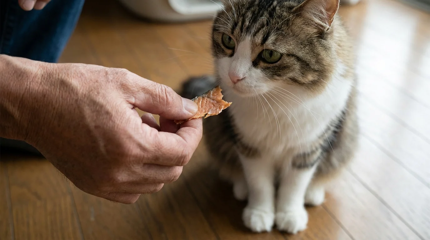 A cat guardian offering a high-value treat during a recall training session