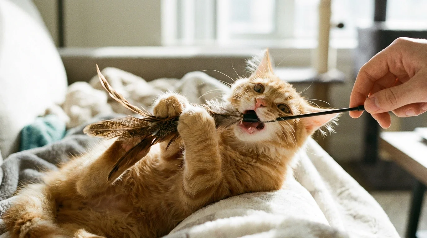 Kitten biting and clutching a feather wand toy during play redirection