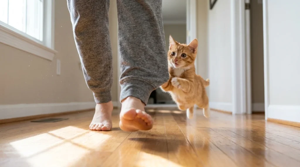 Playful kitten pouncing on human walking feet in hallway
