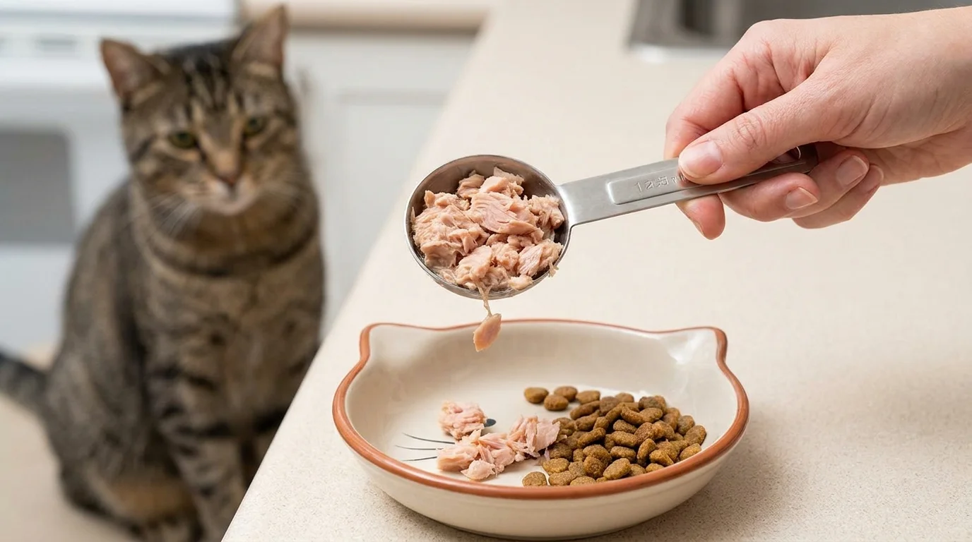 Measuring a safe small one tablespoon portion of plain canned tuna for a cat