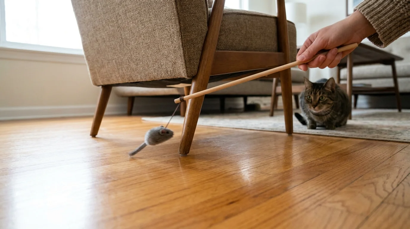 Person dragging feather wand toy slowly across floor away from cat