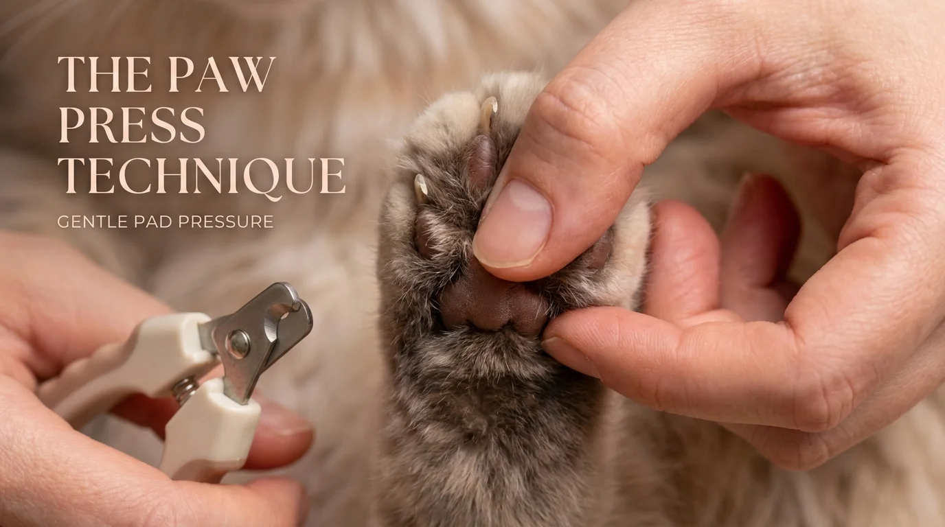 Gently pressing cat toe pad to extend the claw safely before clipping