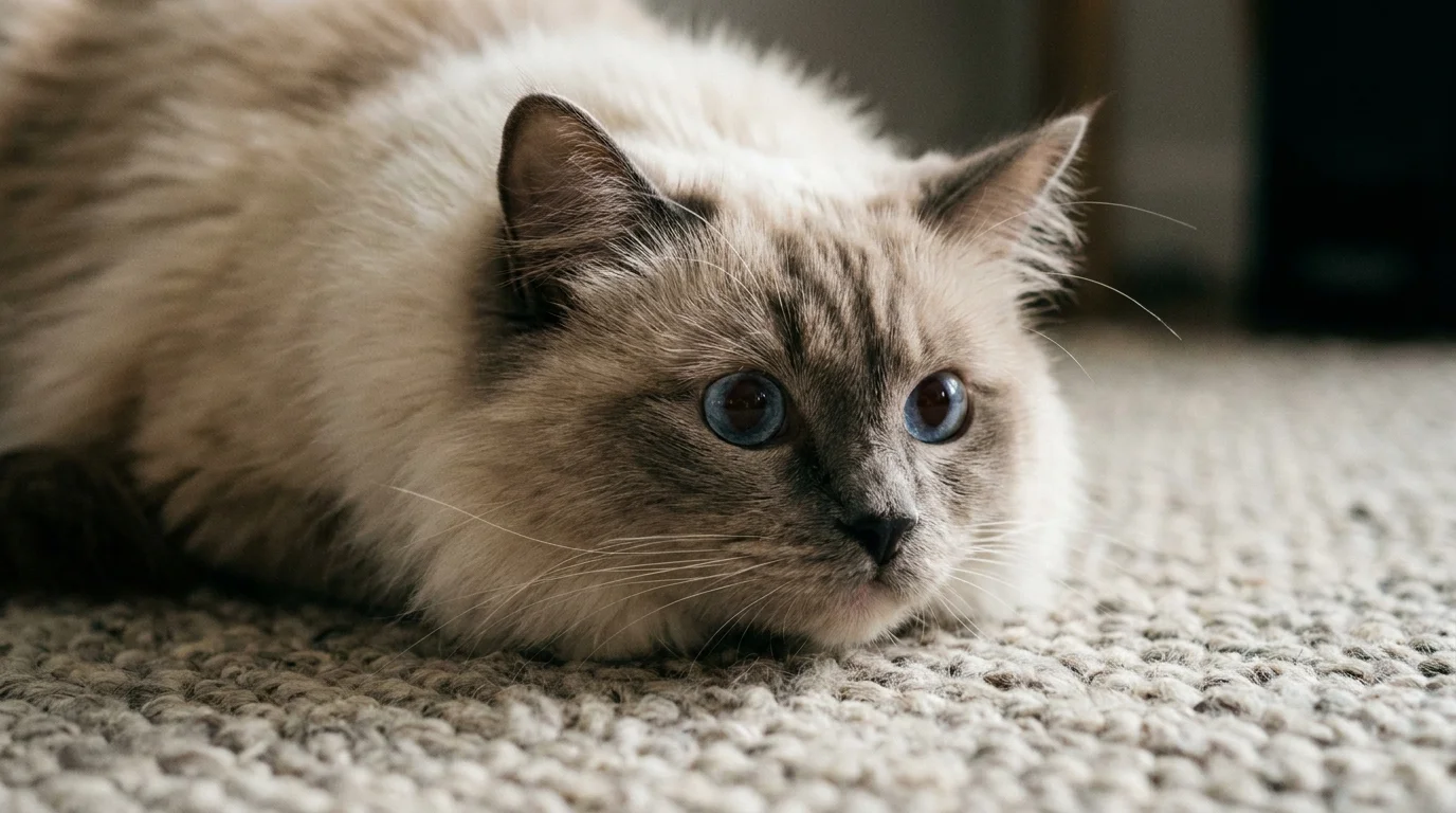 Ragdoll cat crouching and stalking prey across a living room rug
