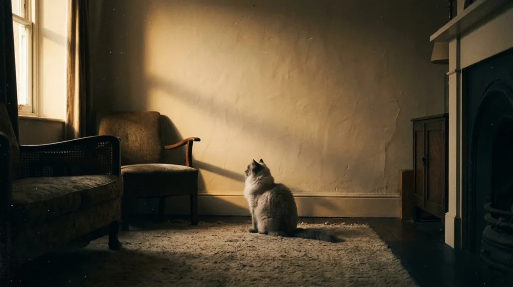 Ragdoll cat staring intently at a blank white wall