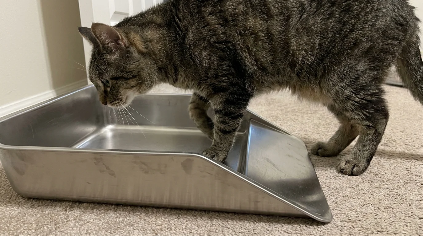 Senior cat stepping carefully into low entry open litter box