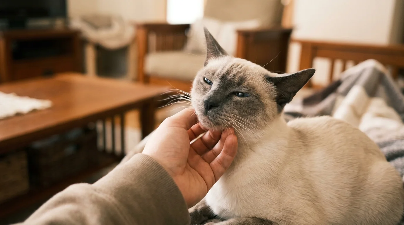 A relaxed Siamese cat leaning into gentle chin and cheek scratching