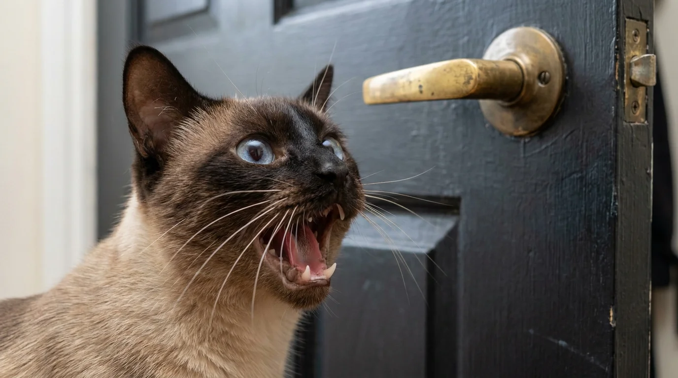 Cat near exit doorway displaying anxious body posture before darting outside
