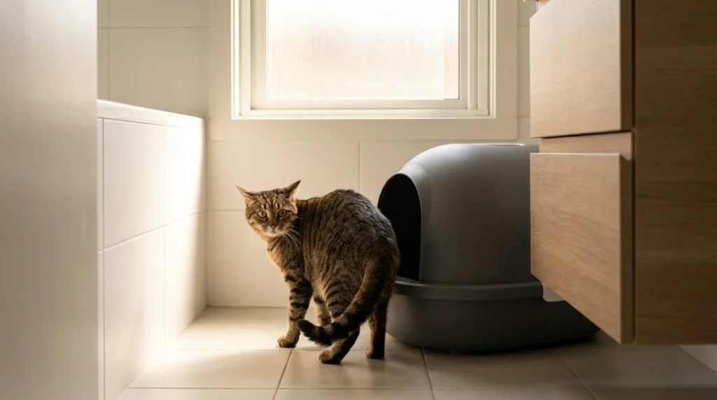 Tabby cat avoiding clean litter box and walking away