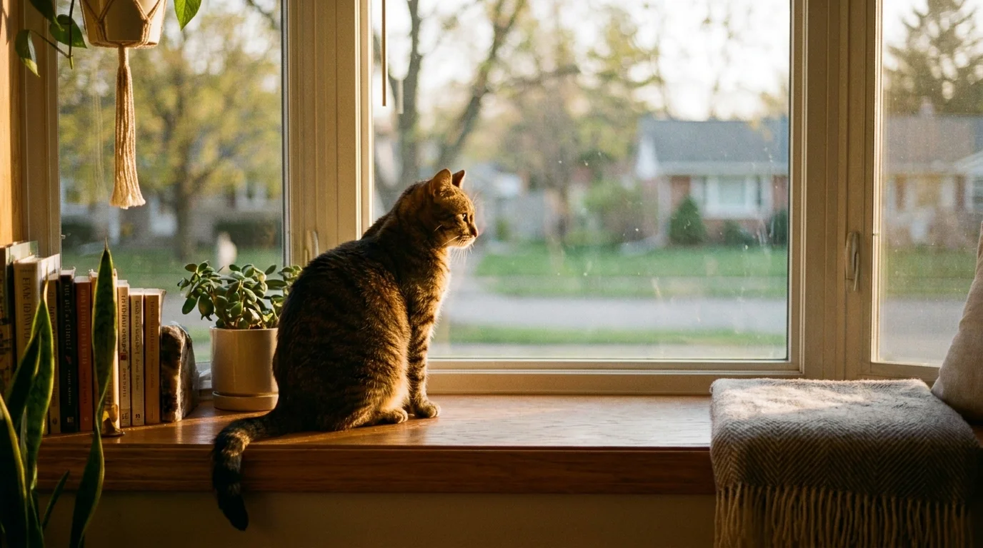 Tabby cat resting on a window perch looking outside