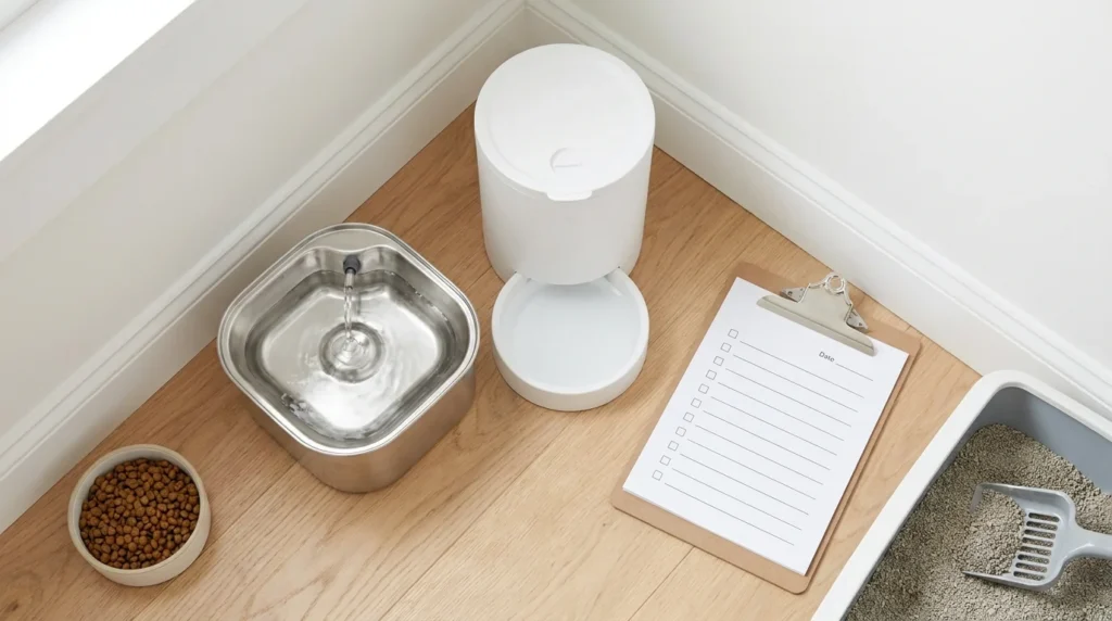 Tidy indoor cat feeding station setup with water fountain and elevated bowls
