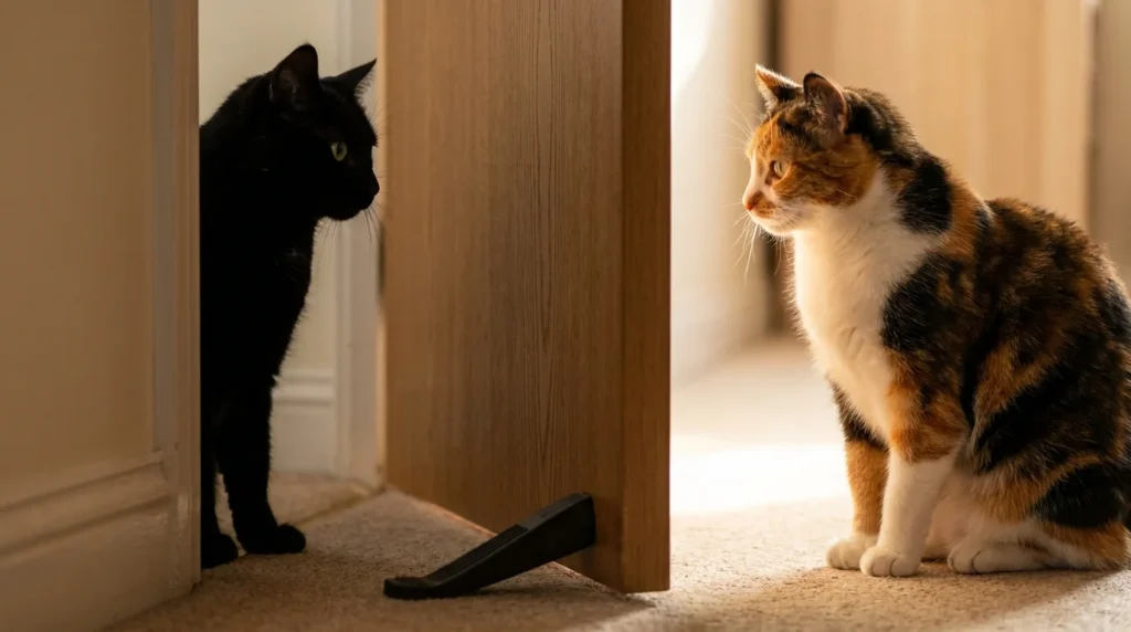 Two cats observing each other curiously through a safe distance during introduction
