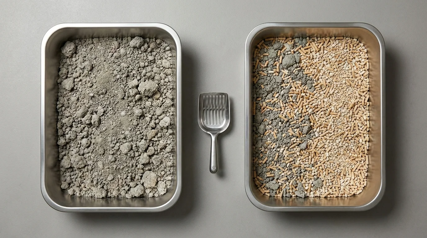 Two litter boxes placed side by side for a gradual litter transition method