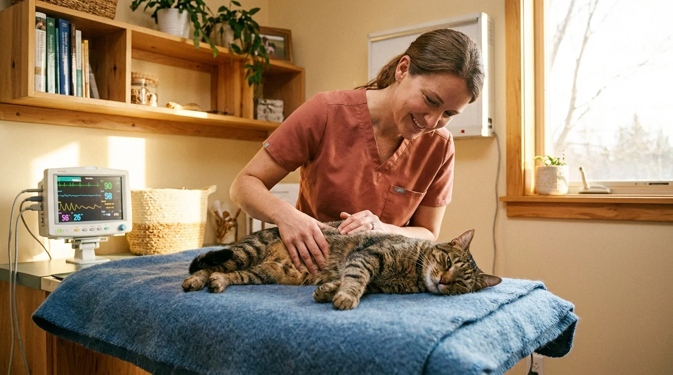 Veterinarian conducting a physical exam on a tabby cat to check for bladder pain or infection
