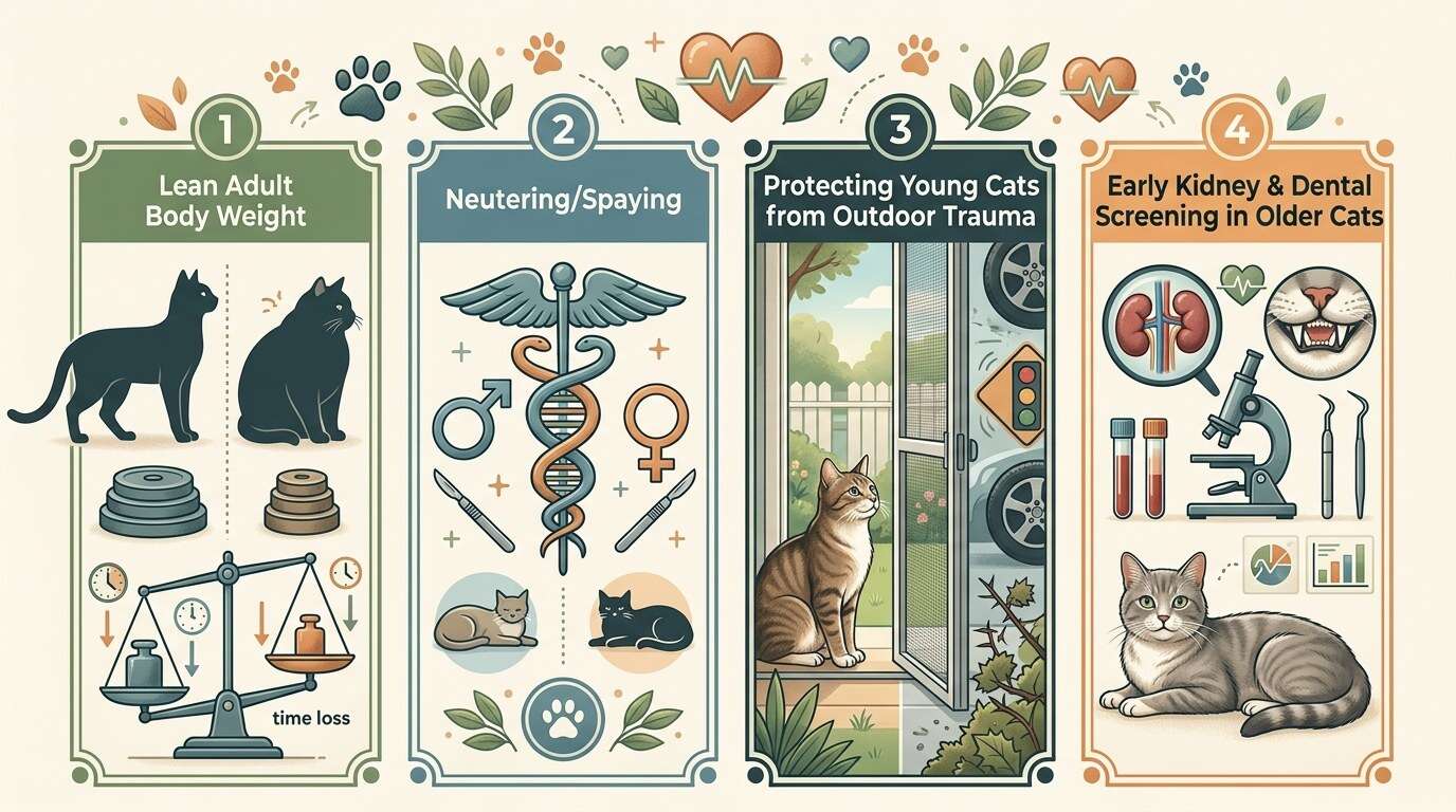 Average indoor cat lifespan four predictors infographic