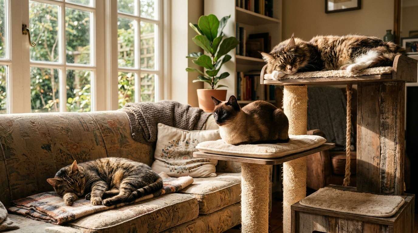Average indoor cat lifespan three breeds sofa