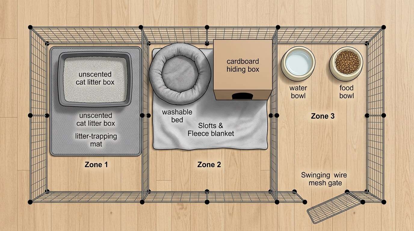 Indoor cat cage with litter box zone setup blueprint