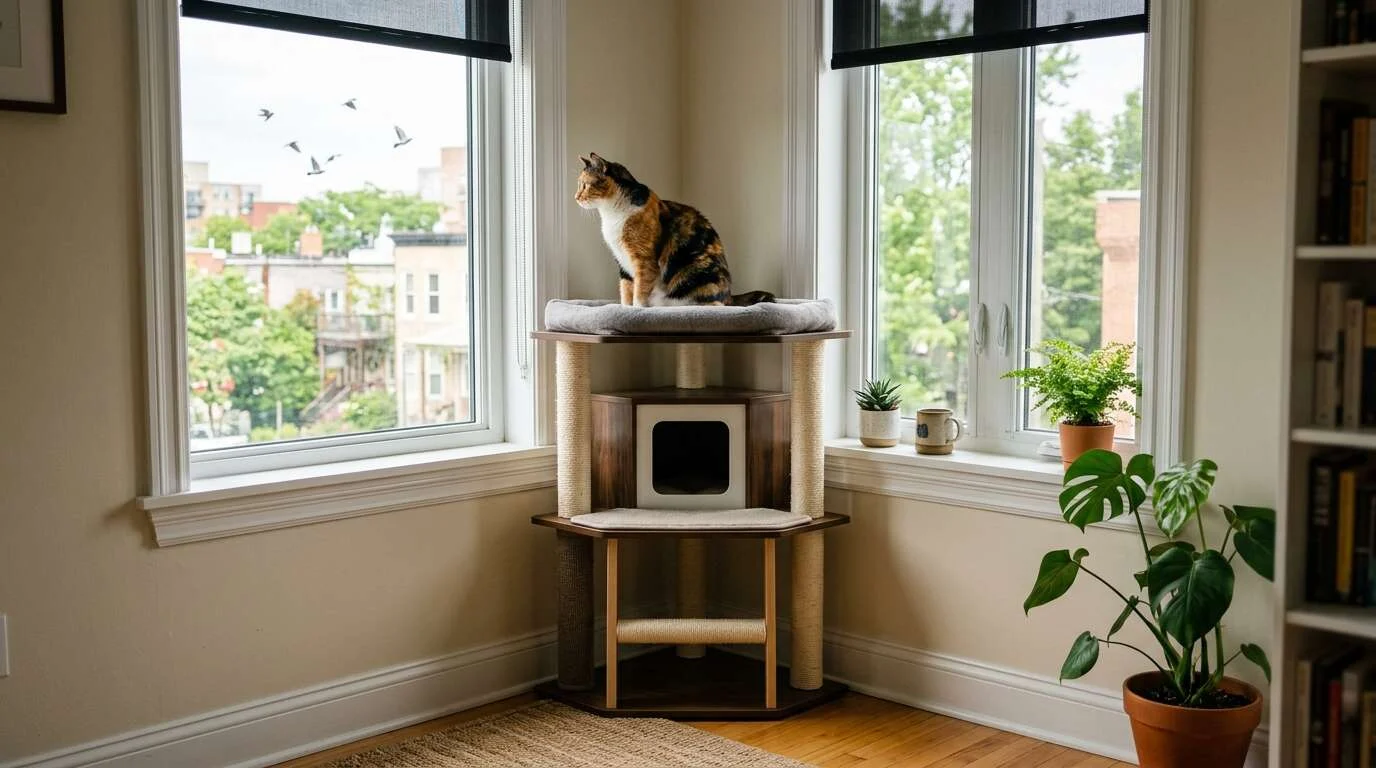 Indoor cat condo corner window