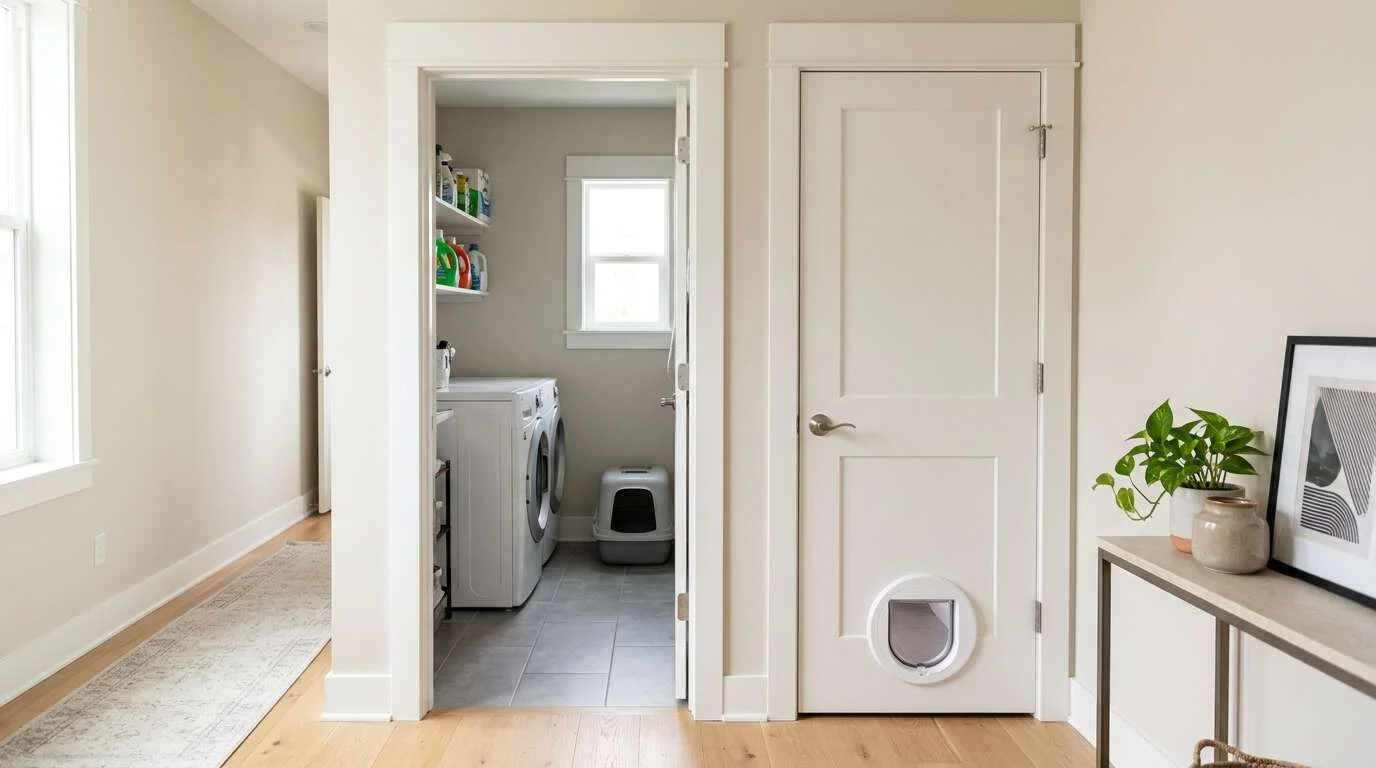 Indoor cat door laundry litter access