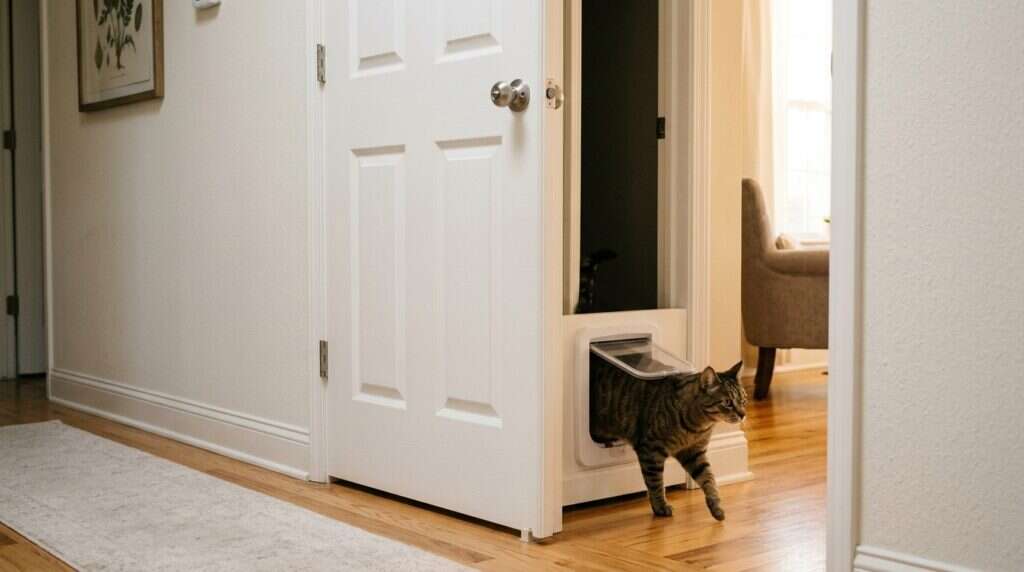 Indoor cat door tabby walking through