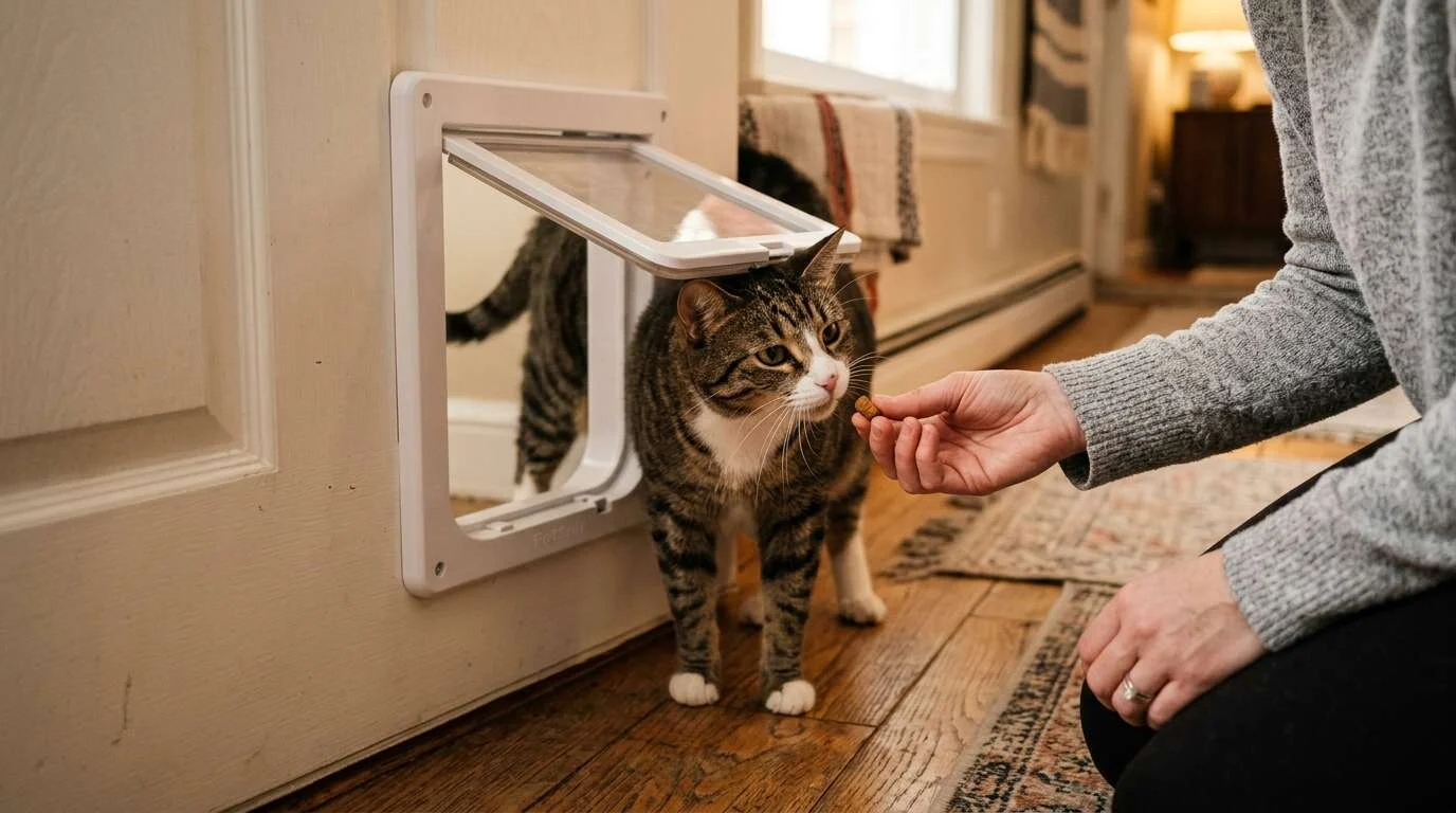 Indoor cat door training treats
