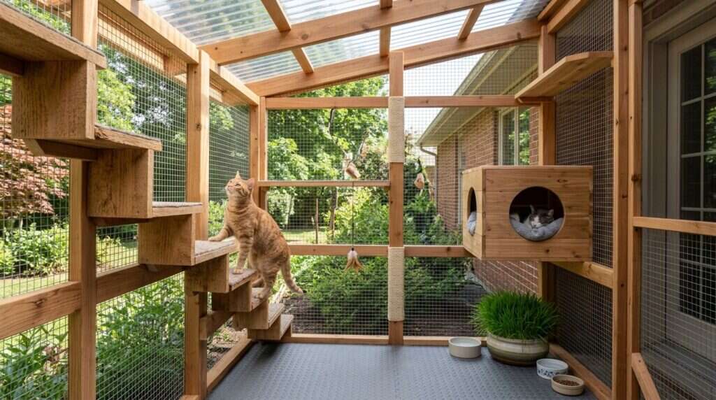 Indoor cat enclosure design zones