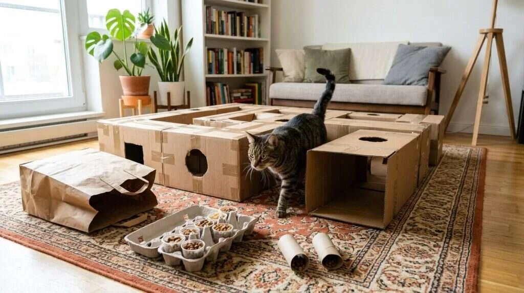 Indoor cat enrichment on a budget cardboard box maze