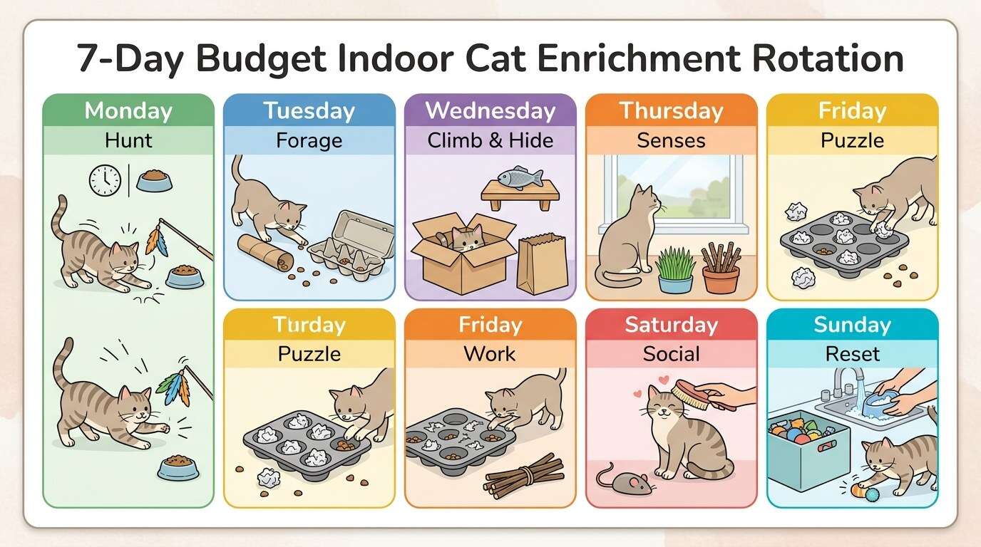 Indoor cat enrichment on a budget seven day rotation infographic