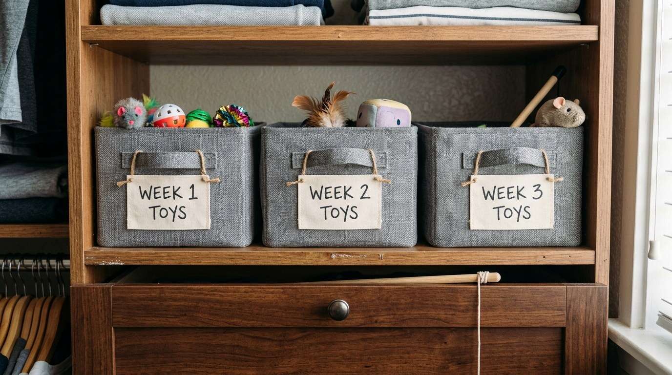 Indoor cat enrichment on a budget toy rotation bins