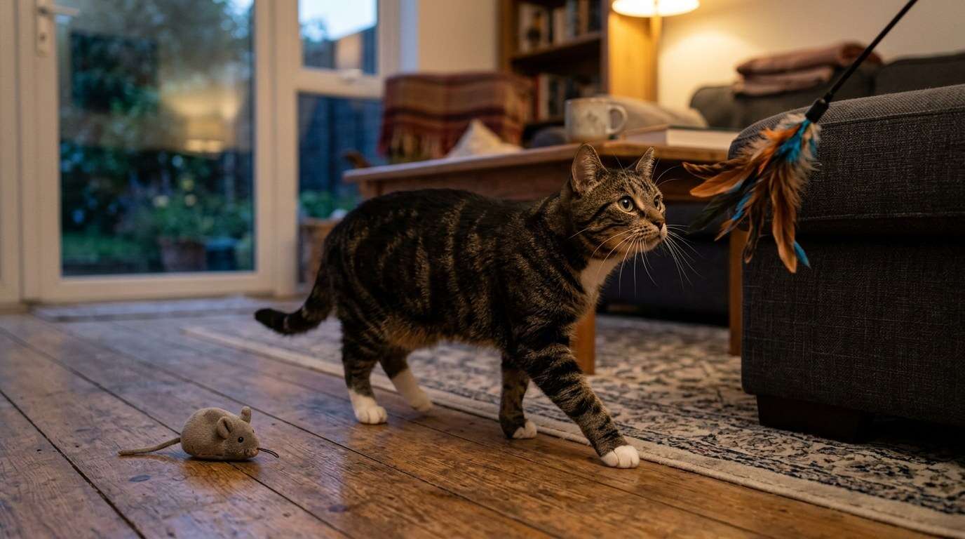 Indoor cat exercise for cats that ignore toys feather wand chase