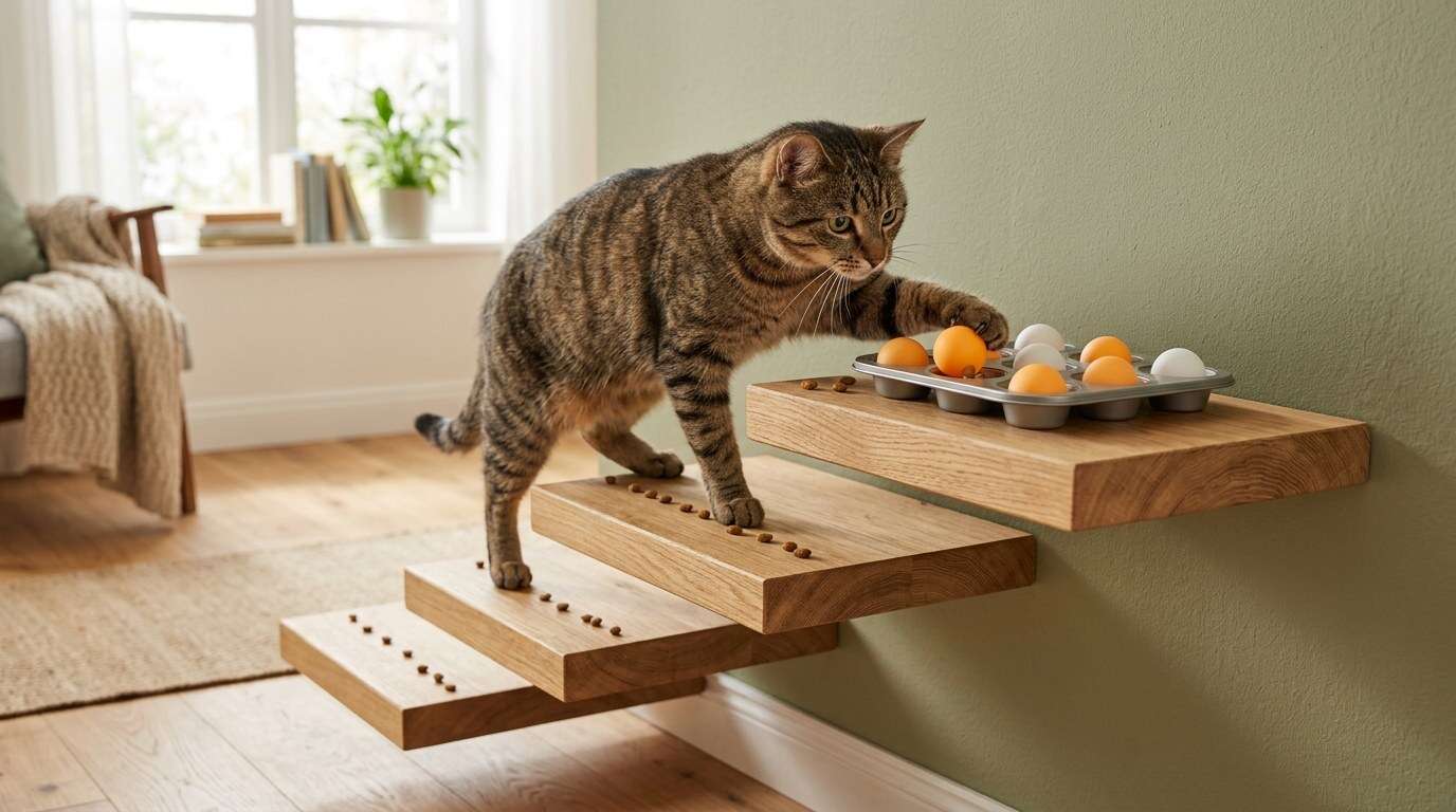 Indoor cat exercise for cats that ignore toys wall steps puzzle feeder