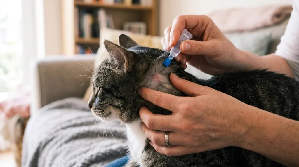 Indoor cat flea treatment applying spot on