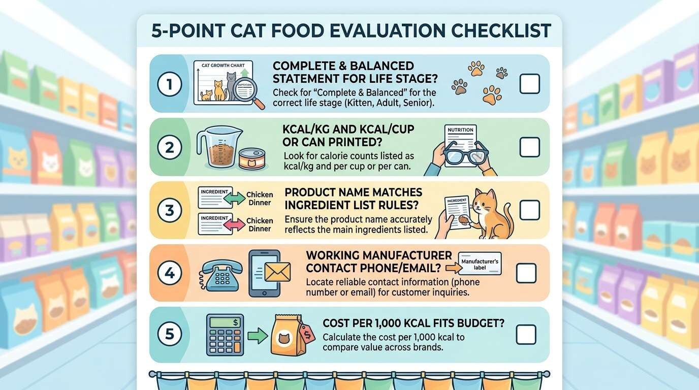 Indoor cat food marketing claims aisle checklist card