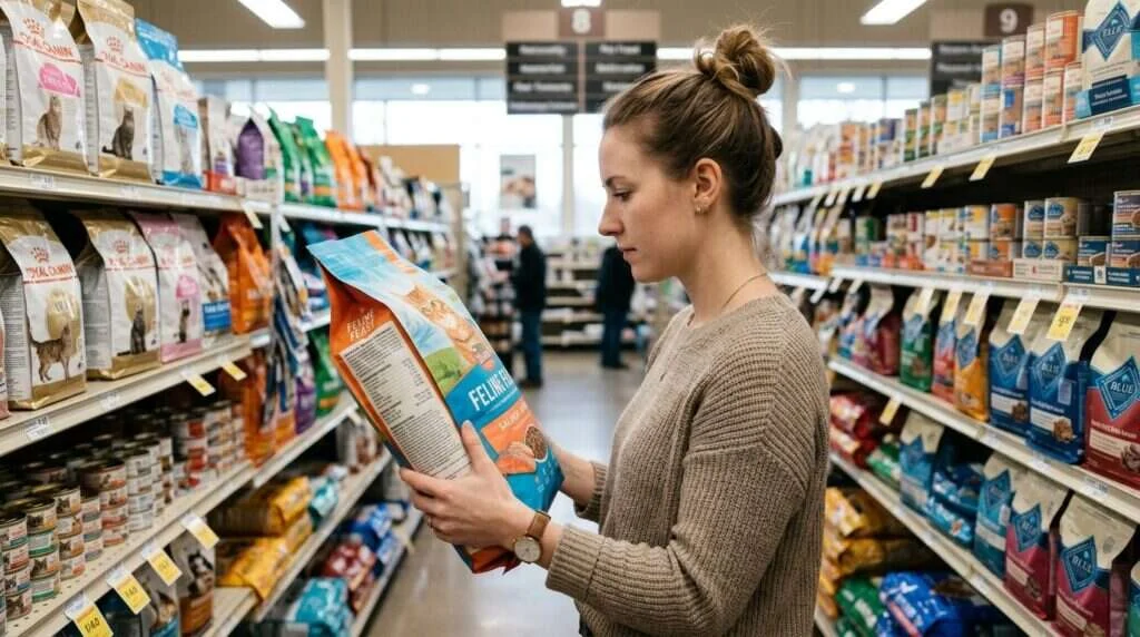 Indoor cat food marketing claims owner reading bag aisle
