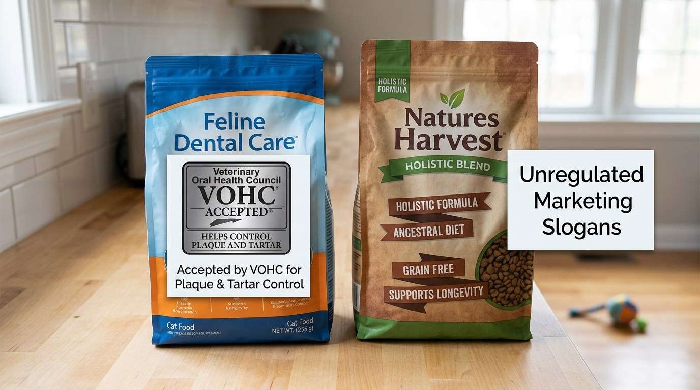 Indoor cat food marketing claims vohc vs marketing labels