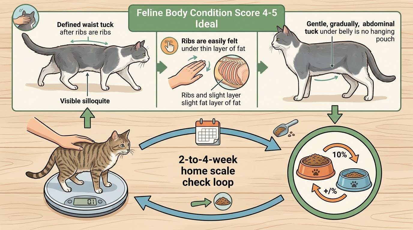 Indoor cat food portions body condition score guide