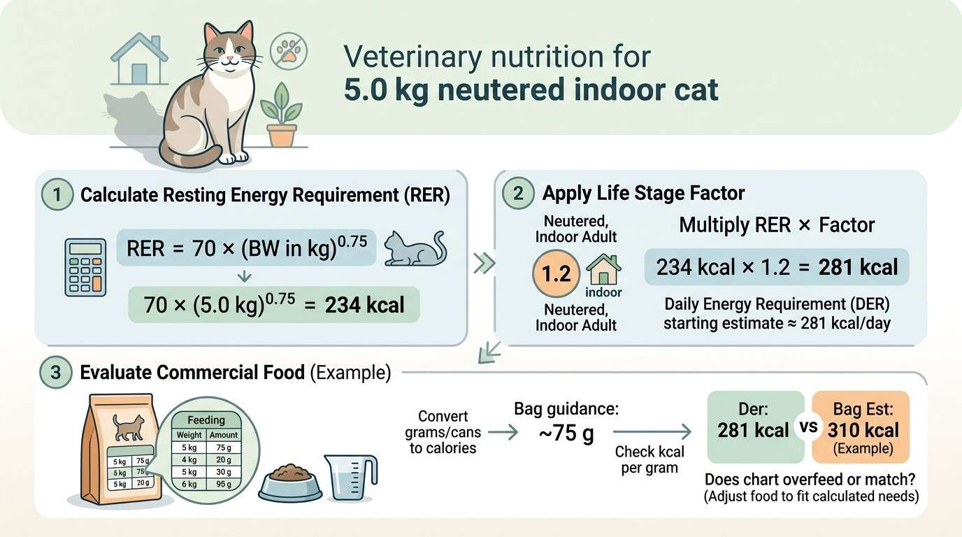 Indoor cat food portions calorie math card