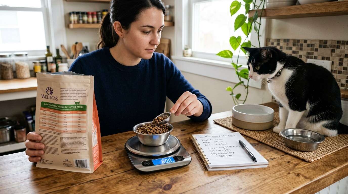 Indoor cat food portions owner comparing feeding chart