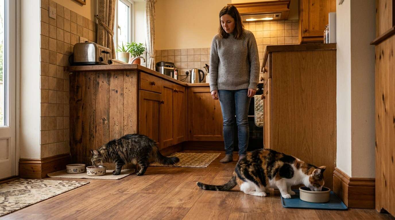 Indoor cat food portions two cats separate feeding