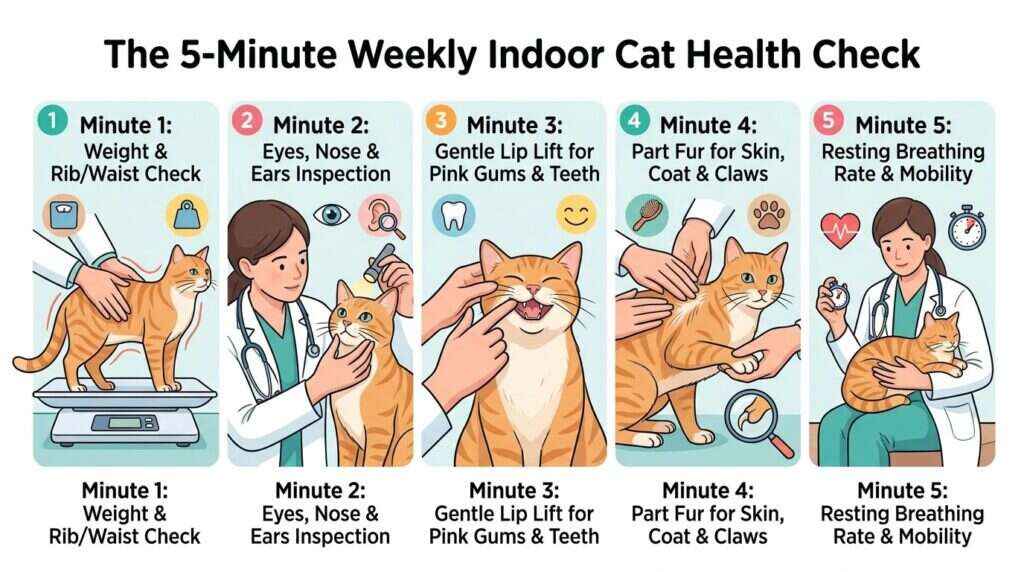 Indoor cat health check at home five minute routine infographic