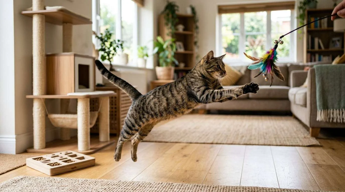 Indoor cat lifespan feather wand exercise
