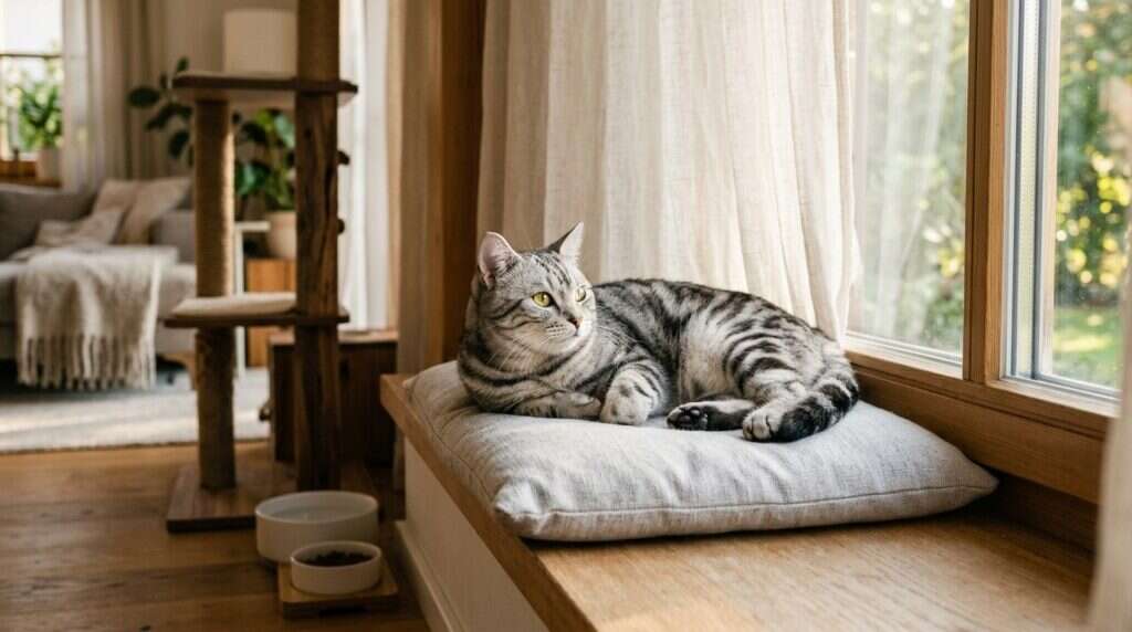 Indoor cat lifespan healthy tabby sunlit window perch