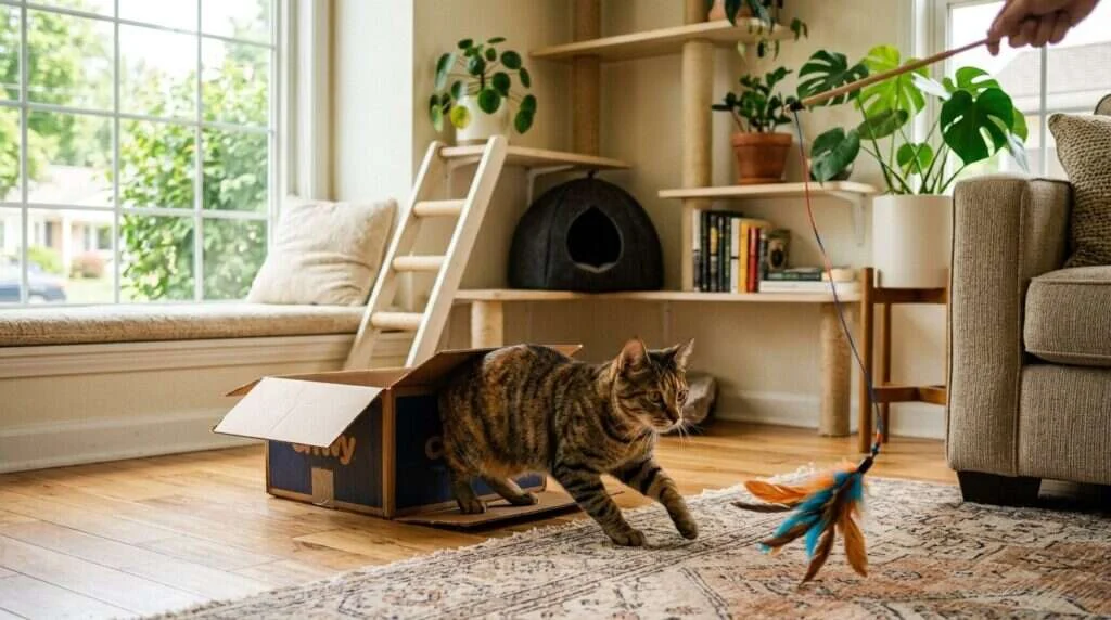 Indoor cat stimulation curious cat box toy