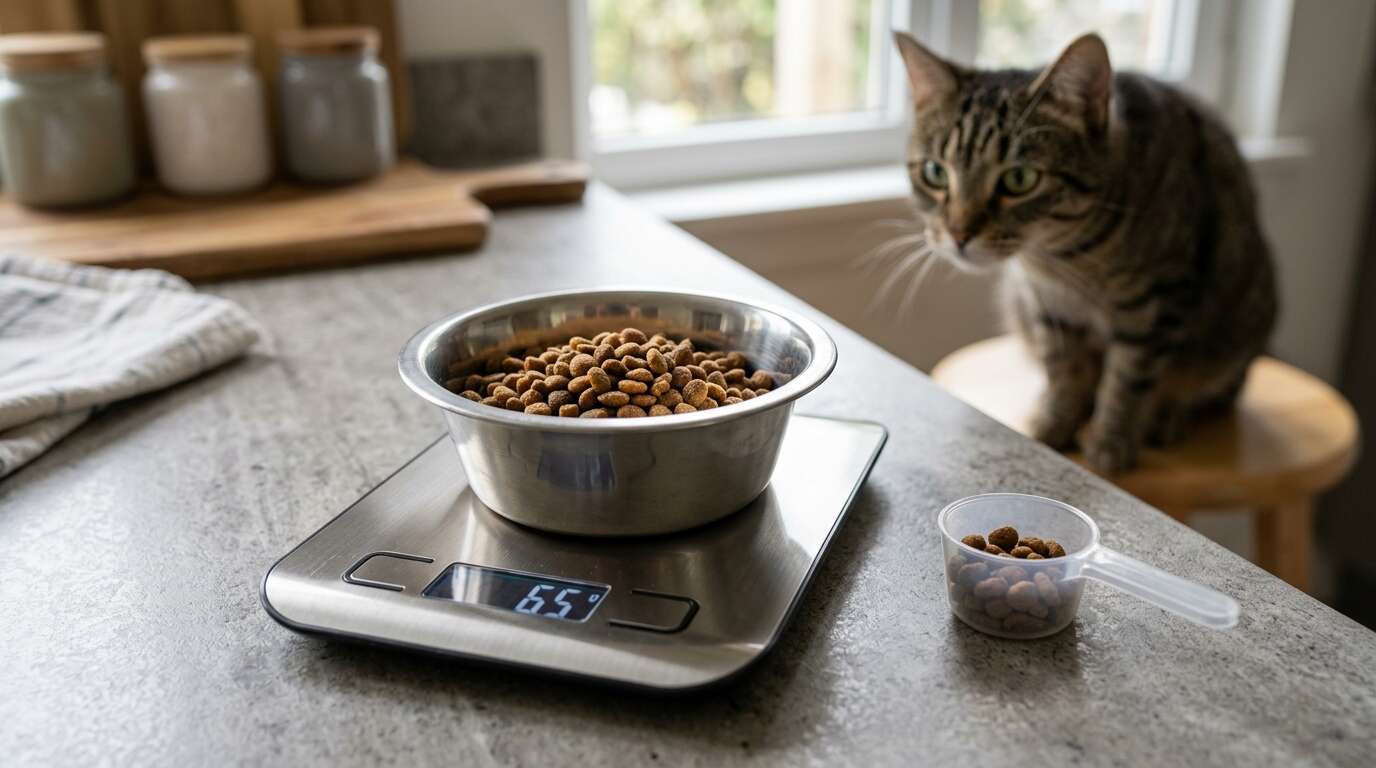 Indoor dry cat food weighing kibble