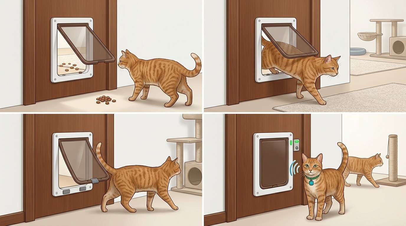 Indoor pet door for cats training steps graphic