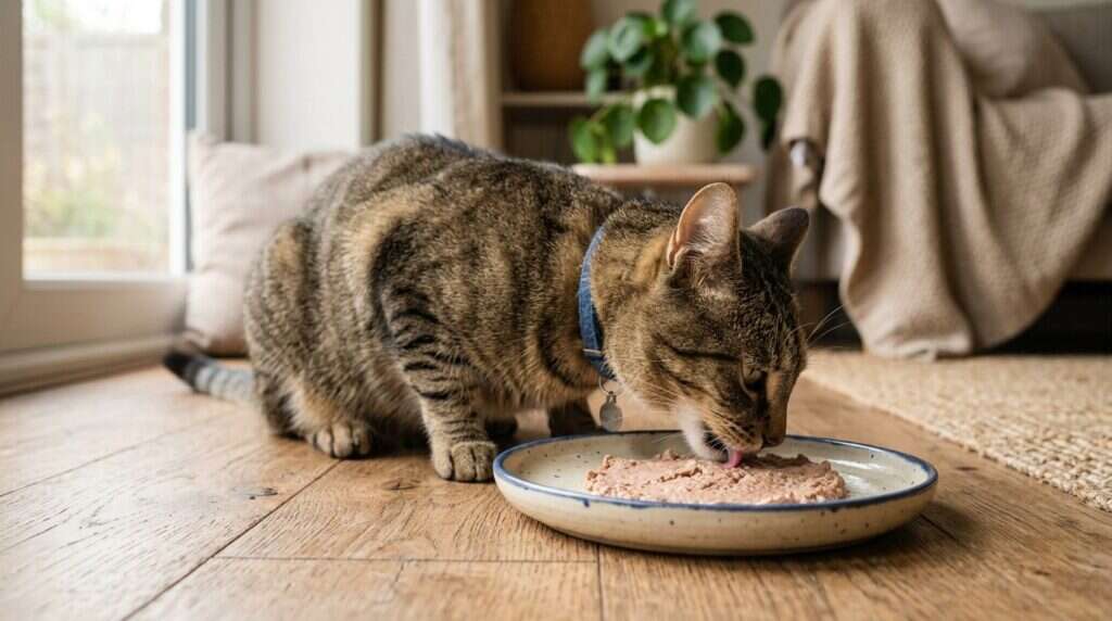 Wet food for indoor cat with sensitive stomach cat eating pate dish